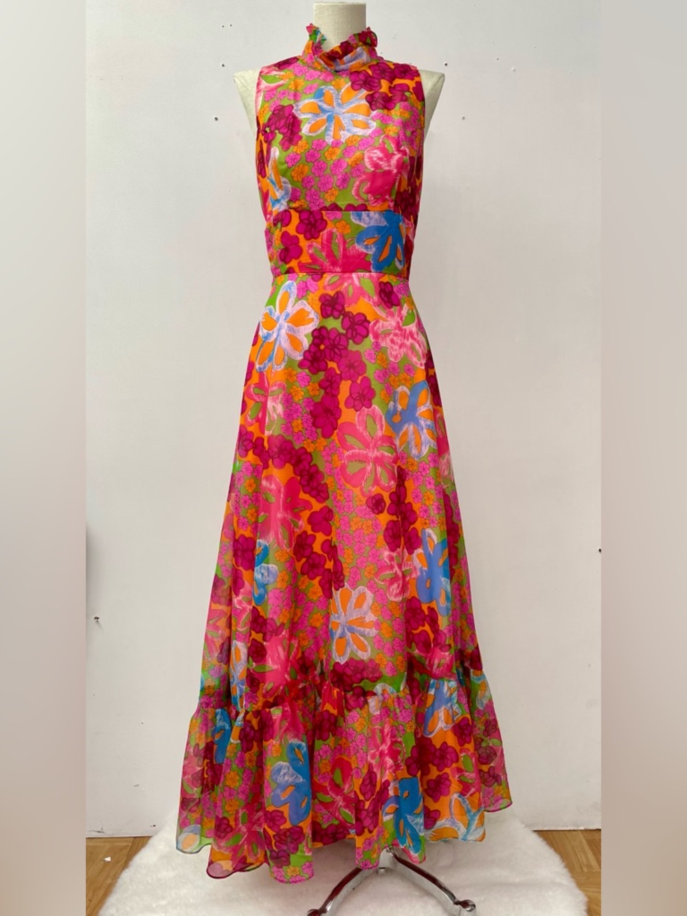 Vintage 60s flower power psychedelic A-Line sweep dress size S/M chiffon halter - Picture 2 of 16